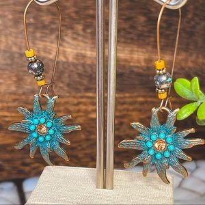 COSMIC RAYS EARRINGS long dangling STARBURST Turquoise boho ocean blue burst